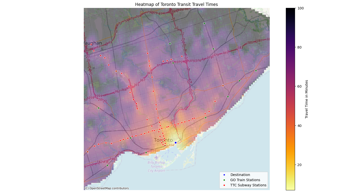 Travel time heat map for Toronto with destination set as the Distillery District