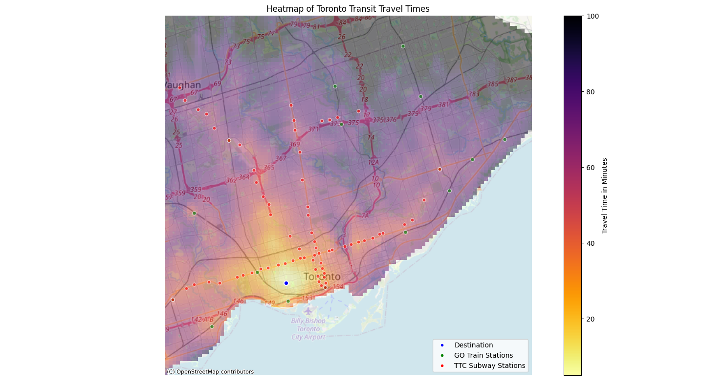 Travel time heat map for Toronto with destination set as the Dundas & Ossington