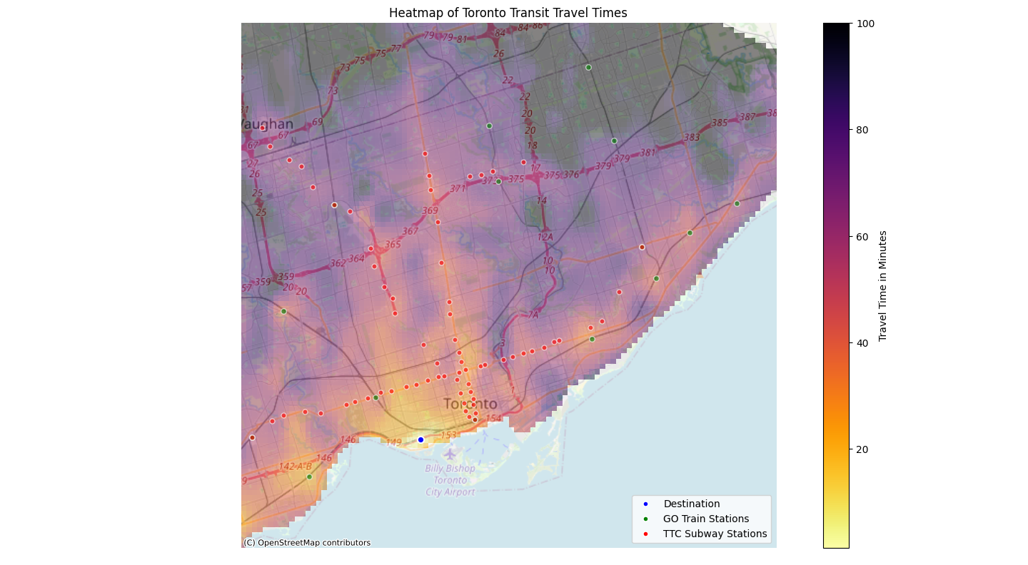 Travel time heat map for Toronto with destination set as the Exhibition GO Station