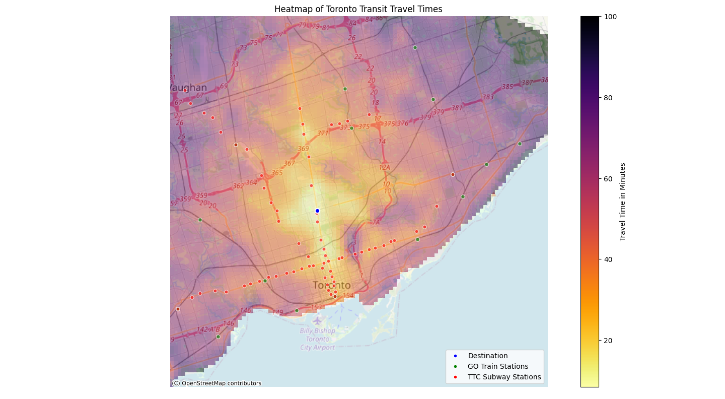 Travel time heat map for Toronto with destination set as the Midtown