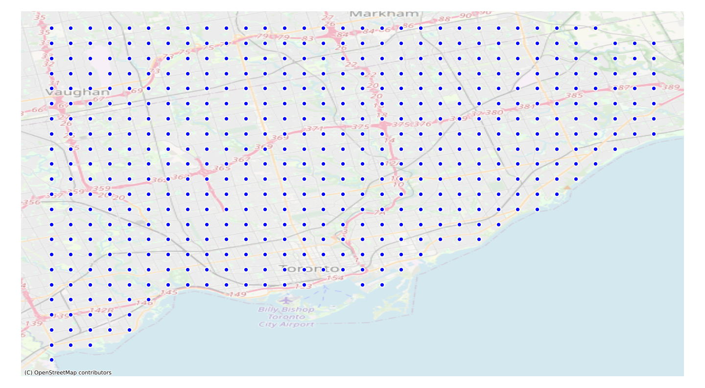 Grid points overlaid on map of Toronto