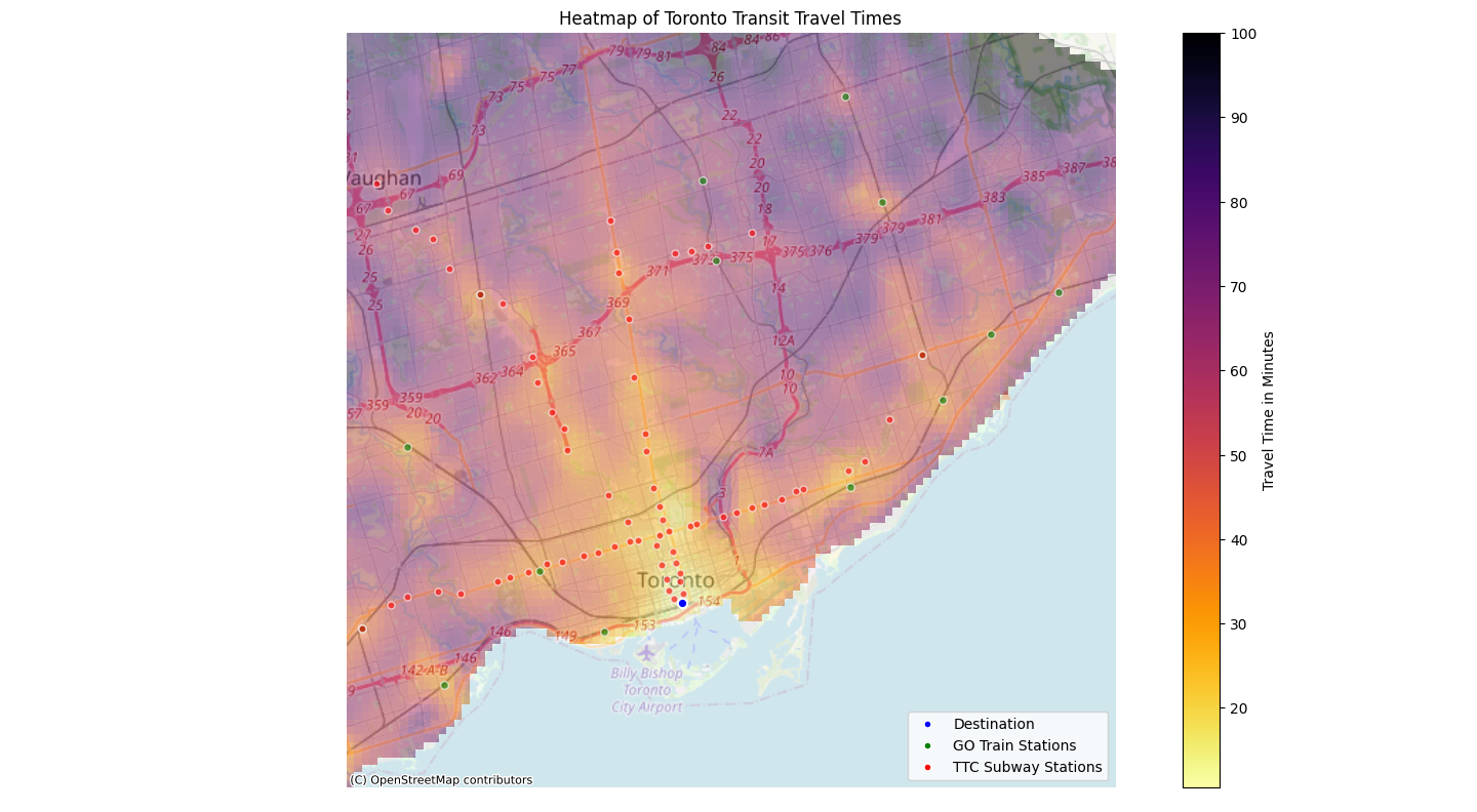 Travel time heat map for Toronto with destination set as the Union Station