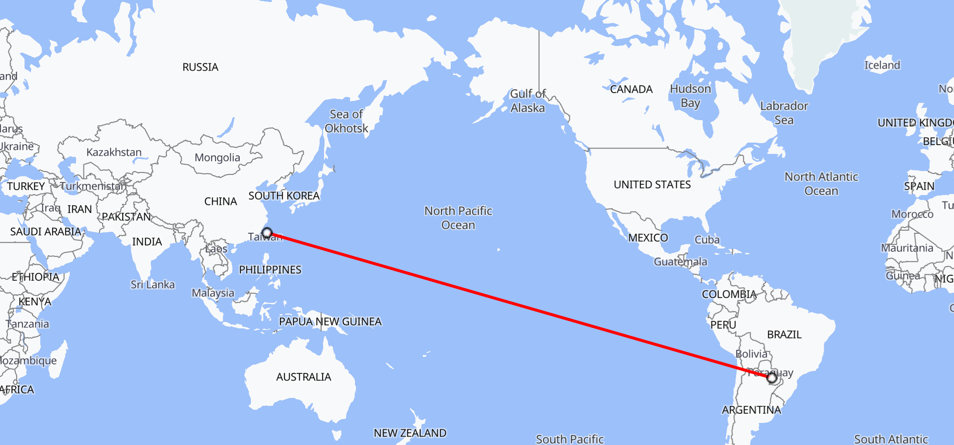 Taipei and Asunción distance visualized on a map